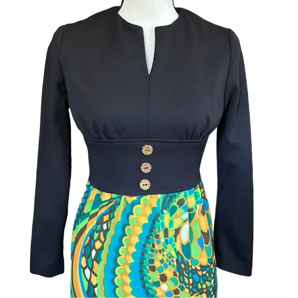 VTG 60s Psychedelic Swirl Empire Waist Maxi Dress Long Sleeve Union Tag Size 7